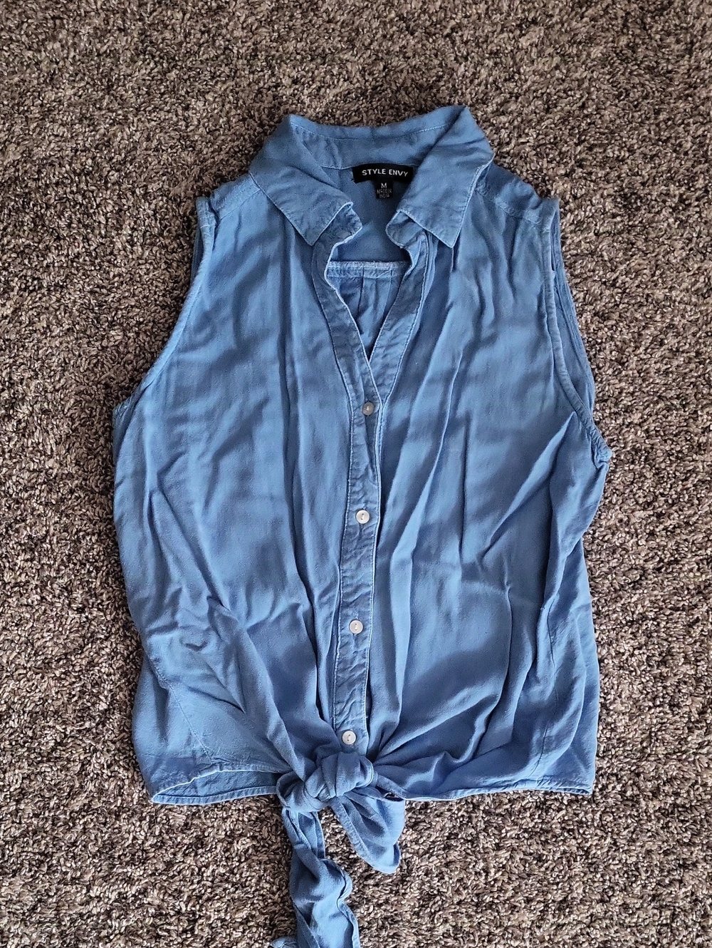 Style Envy Light Blue Sleeveless Tie-Front Button Down Shirt